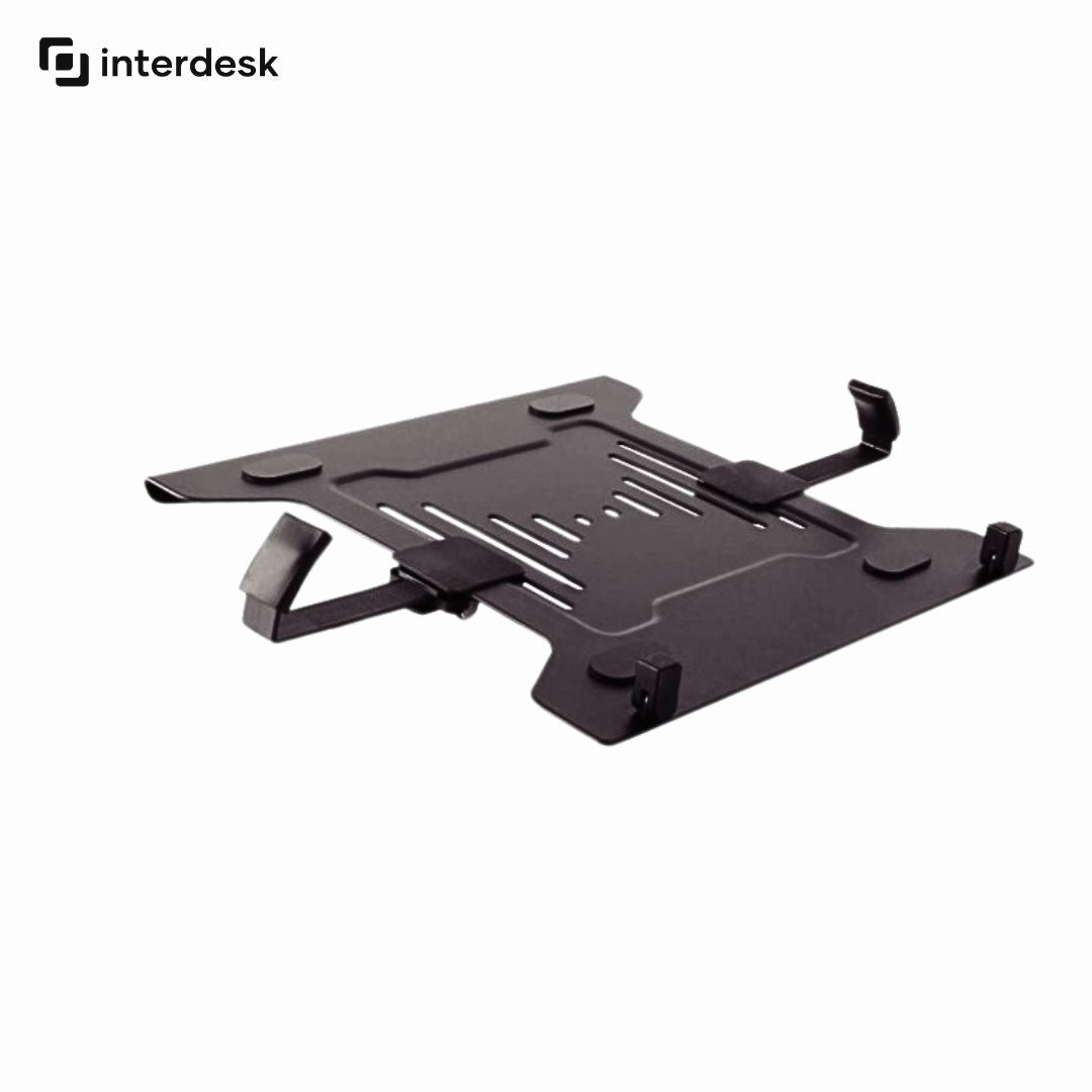 Black adjustable laptop mount on a white background with 'interdesk' branding.