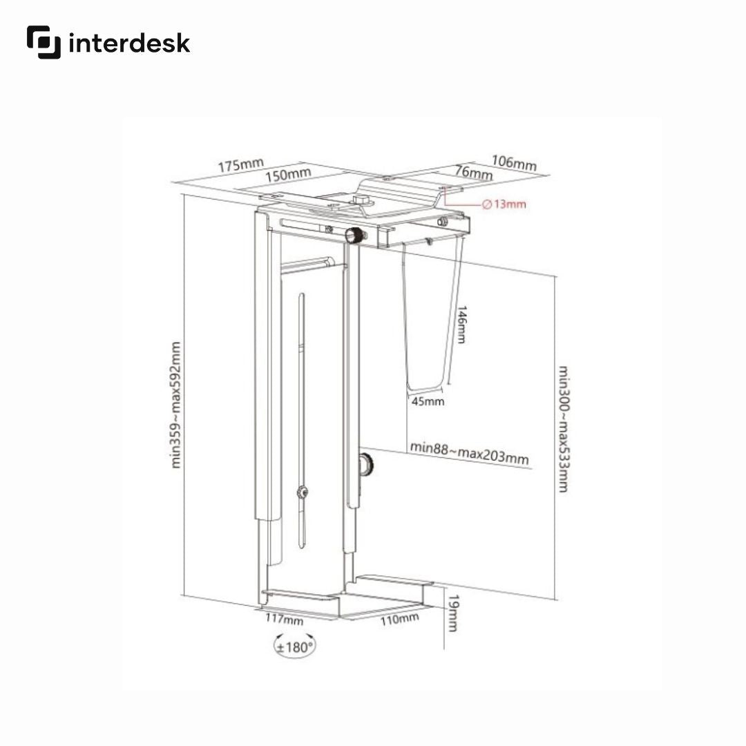 technical drawing and dimensions of interdesk pc bracket