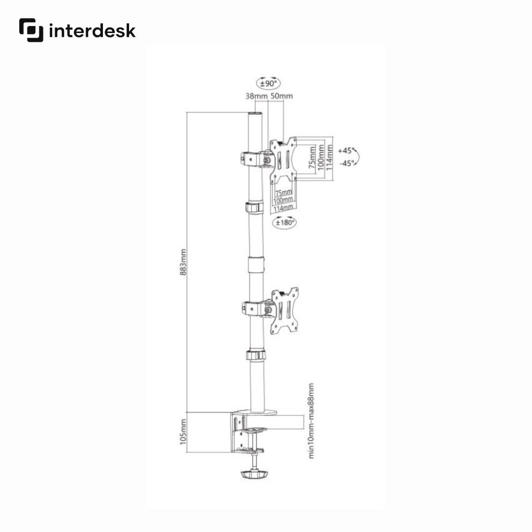 Technical drawing of interdesk vertical dual monitor mount with dimensions labeled, featuring the Interdesk logo.