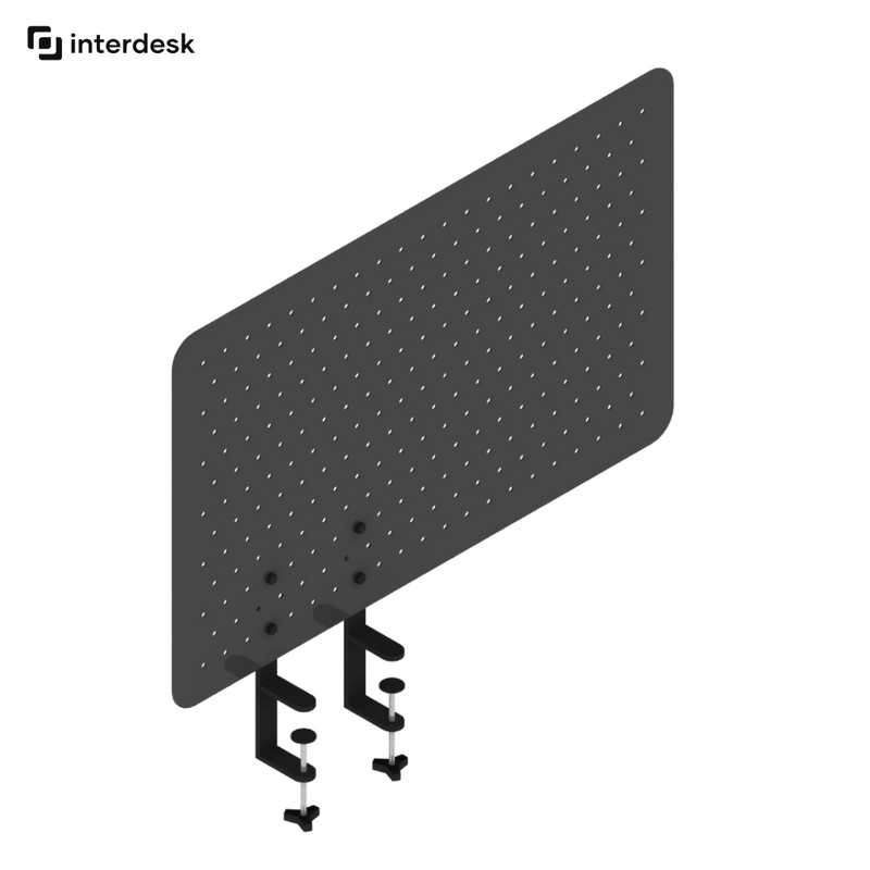 Black pegboard with hooks on a white background, featuring the Interdesk logo.