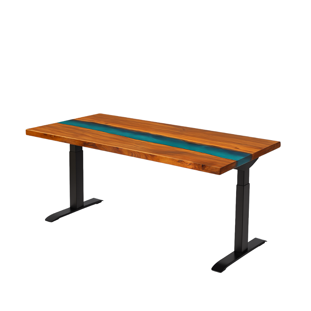 Wooden table with a green epoxy resin inlay on a white background