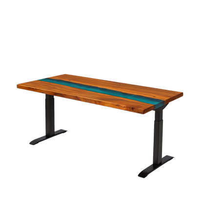 Wooden table with a green epoxy resin inlay on a white background