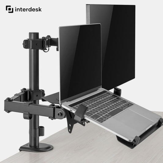 Laptop mount with laptop on a adjustable stand with interdesk branding.