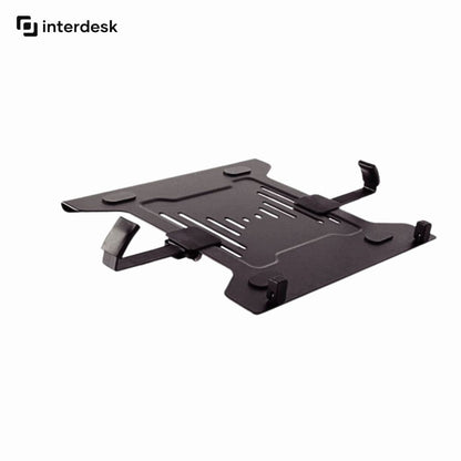 Black adjustable laptop mount on a white background with 'interdesk' branding.