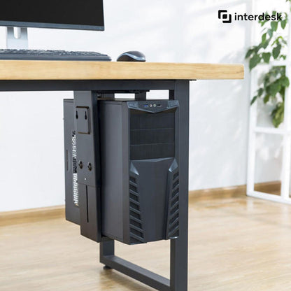 interdesk pc bracket mounted on the under side of an adjustable desk