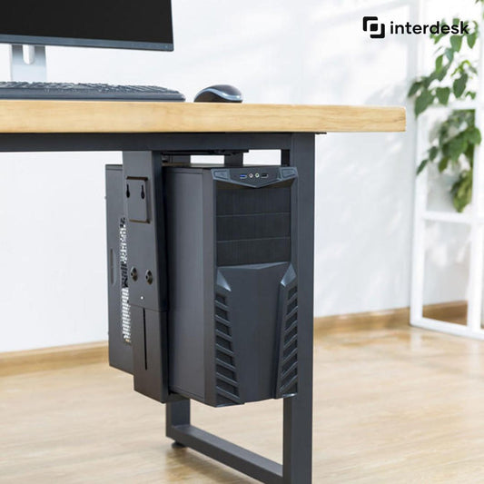 interdesk pc bracket mounted on the under side of an adjustable desk