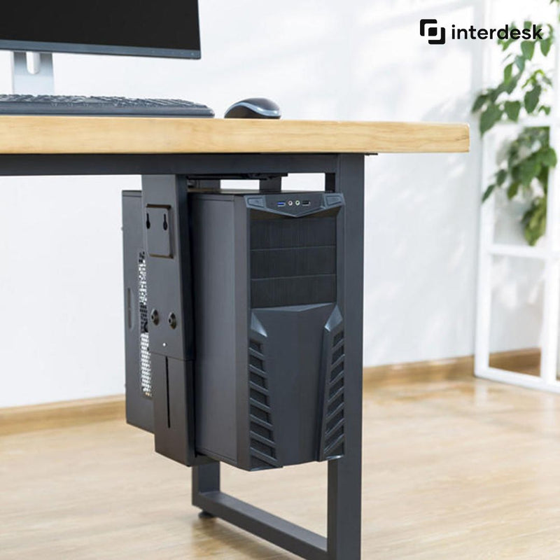 interdesk pc bracket mounted on the under side of an adjustable desk