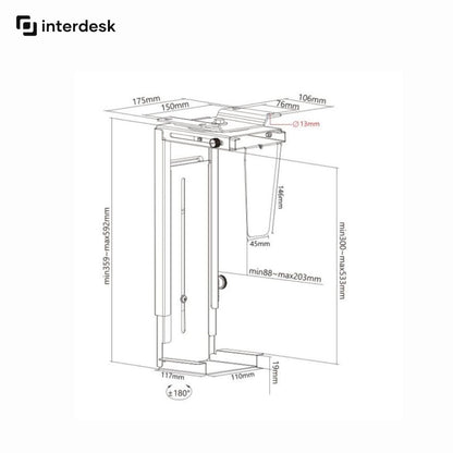 technical drawing and dimensions of interdesk pc bracket