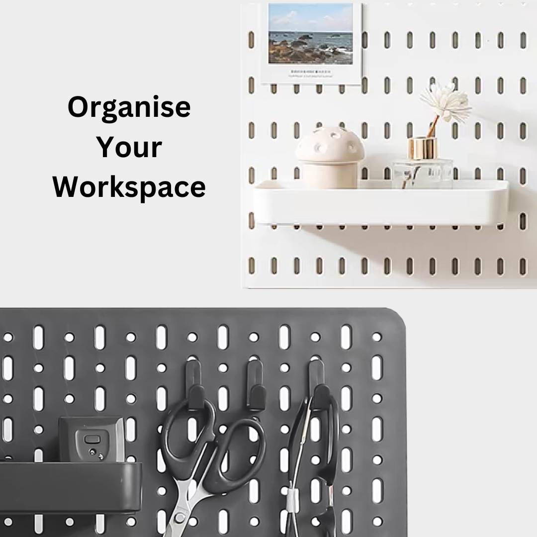 Interdesk pegboard panel with black and white