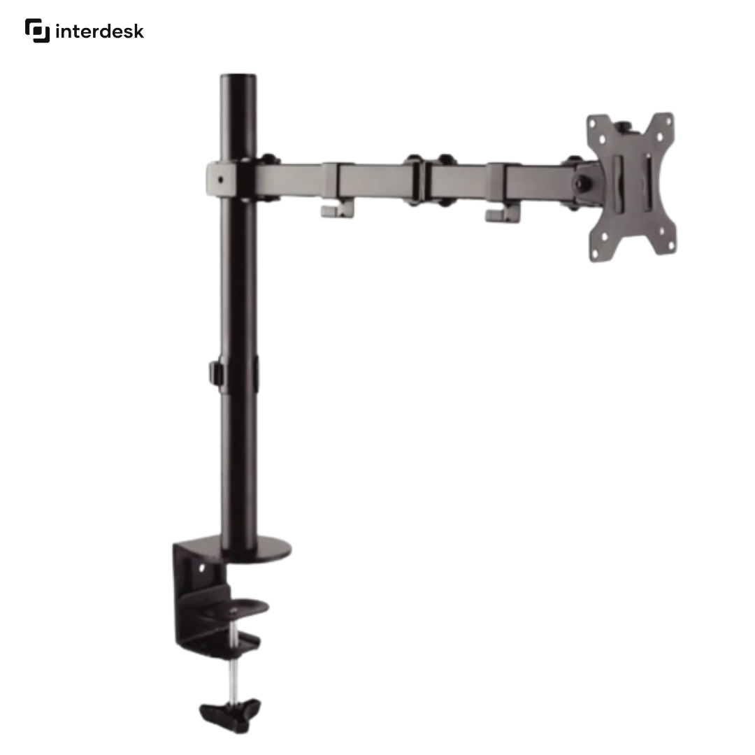 Single Monitor Mount with a black desk clamp and adjustable arm, designed to hold a computer monitor.