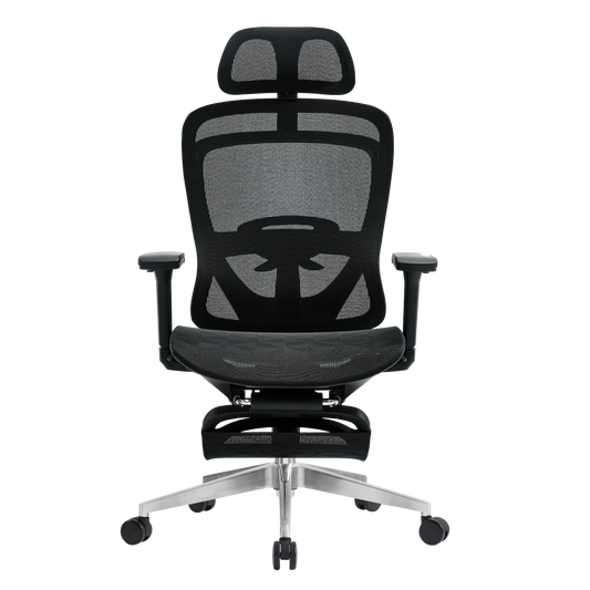 Interglide Aeras Black ergonomic office chair with a mesh backrest and an adjustable height mechanism, equipped with armrests and casters for mobility.
