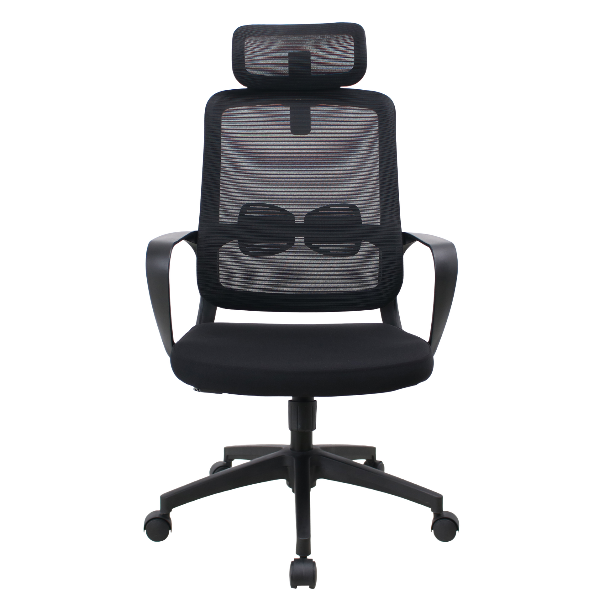 An ergonomic mesh office chair with a high back, headrest, and adjustable armrests on a five-star base with casters.