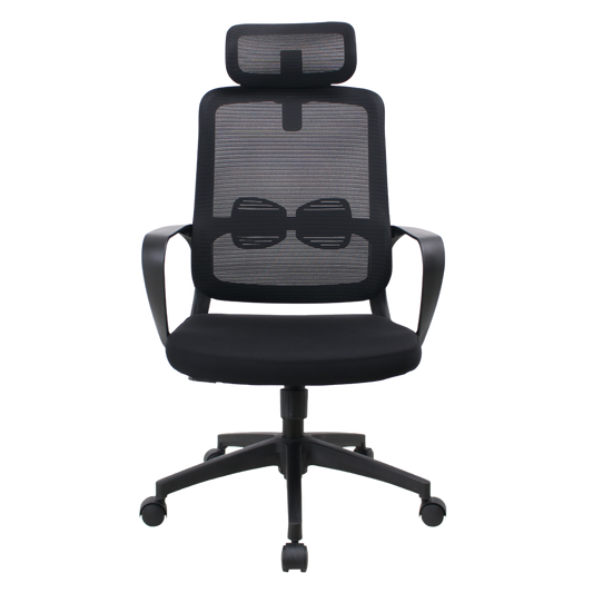 An ergonomic mesh office chair with a high back, headrest, and adjustable armrests on a five-star base with casters.