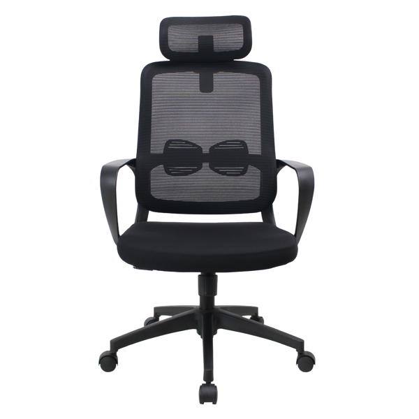 An ergonomic mesh office chair with a high back, headrest, and adjustable armrests on a five-star base with casters.