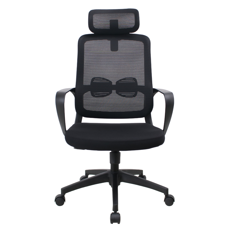 An ergonomic mesh office chair with a high back, headrest, and adjustable armrests on a five-star base with casters.