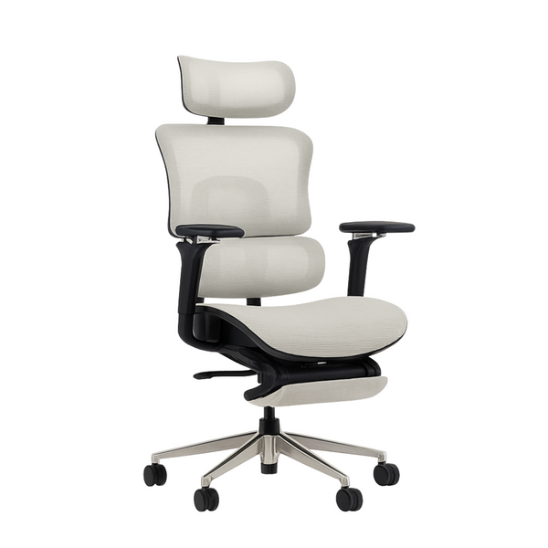 White ergonomic office chair with black frame on a white background