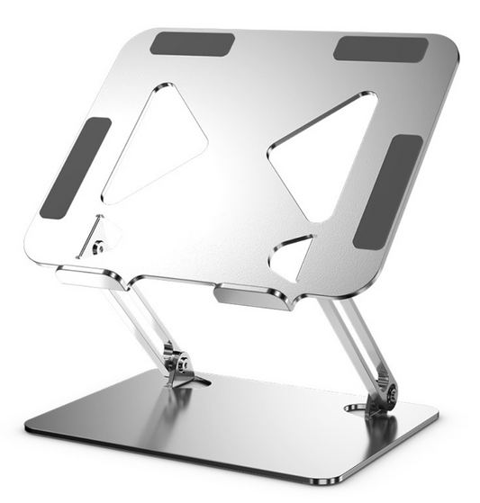 A silver-colored ergonomic laptop stand with adjustable angles and a sturdy build, designed to elevate a laptop to eye level.